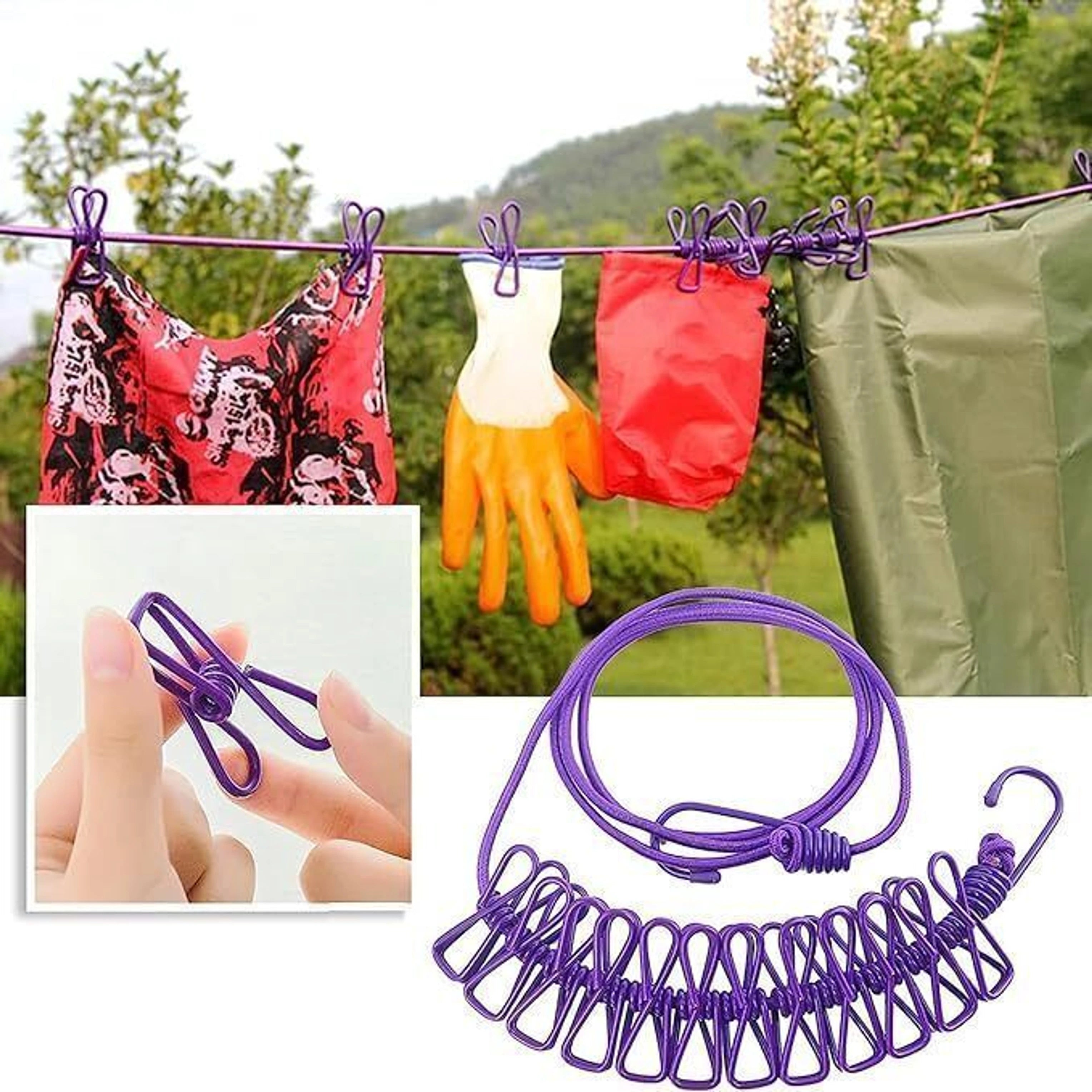 Adjustable Clothesline Rope | Drying Rope with 12 Clips and 2 Hook | Pack of 2